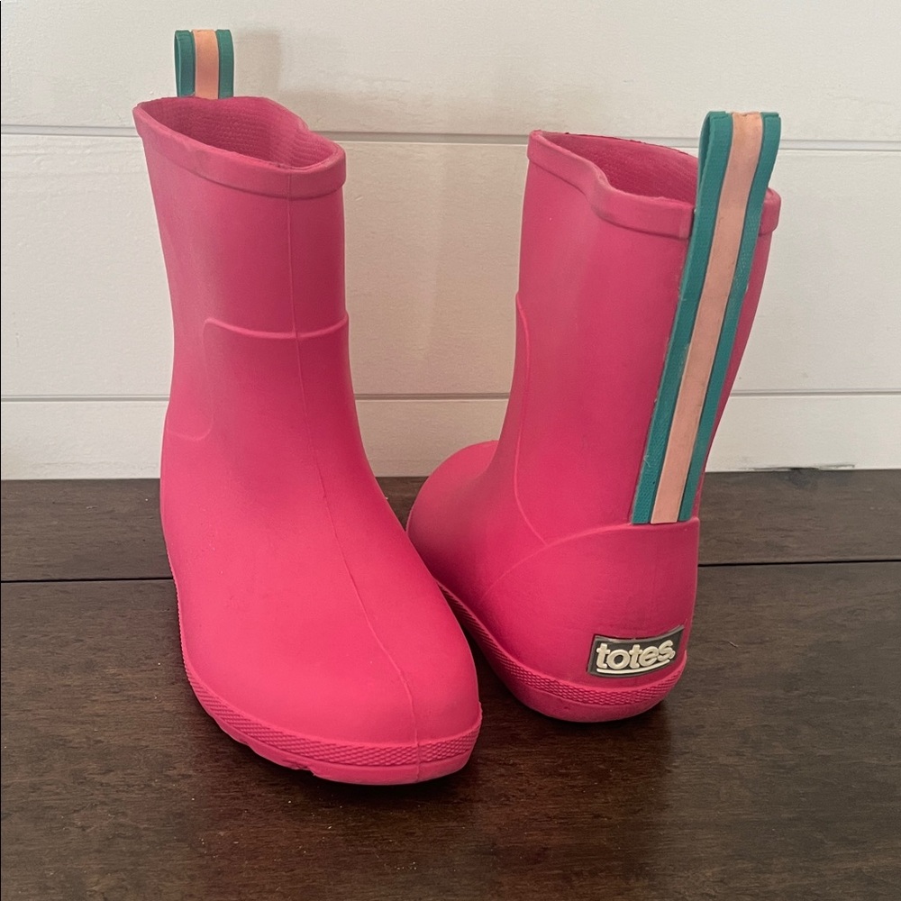 totes Kids Bright Pink Rain Boots with Teal & Peach Pull Tabs